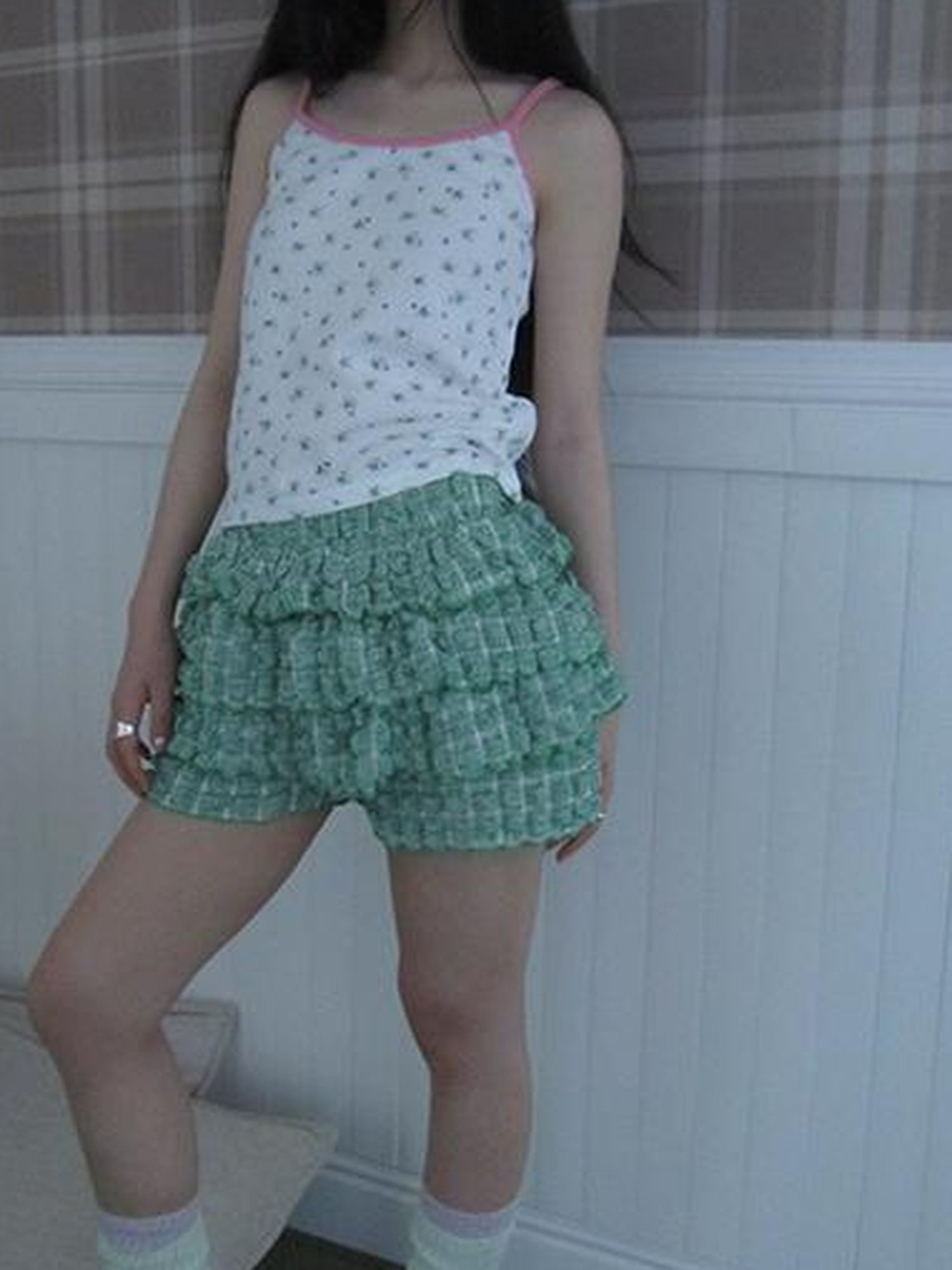 ang project Summer Dopamine Green Plaid Ruffle Cake Skort