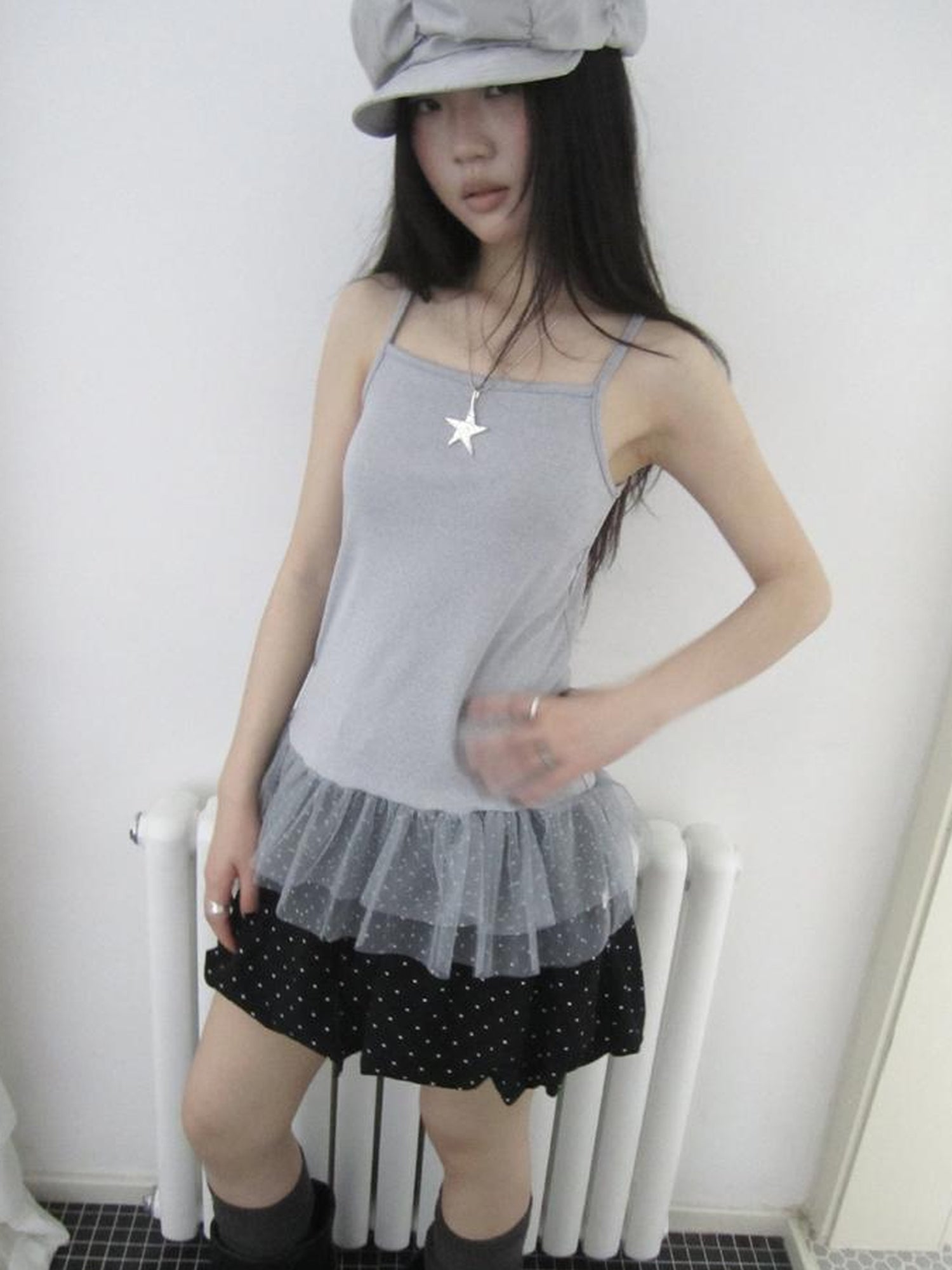 Updateang project Summer Layered Dot Mesh Spliced Cami Top
