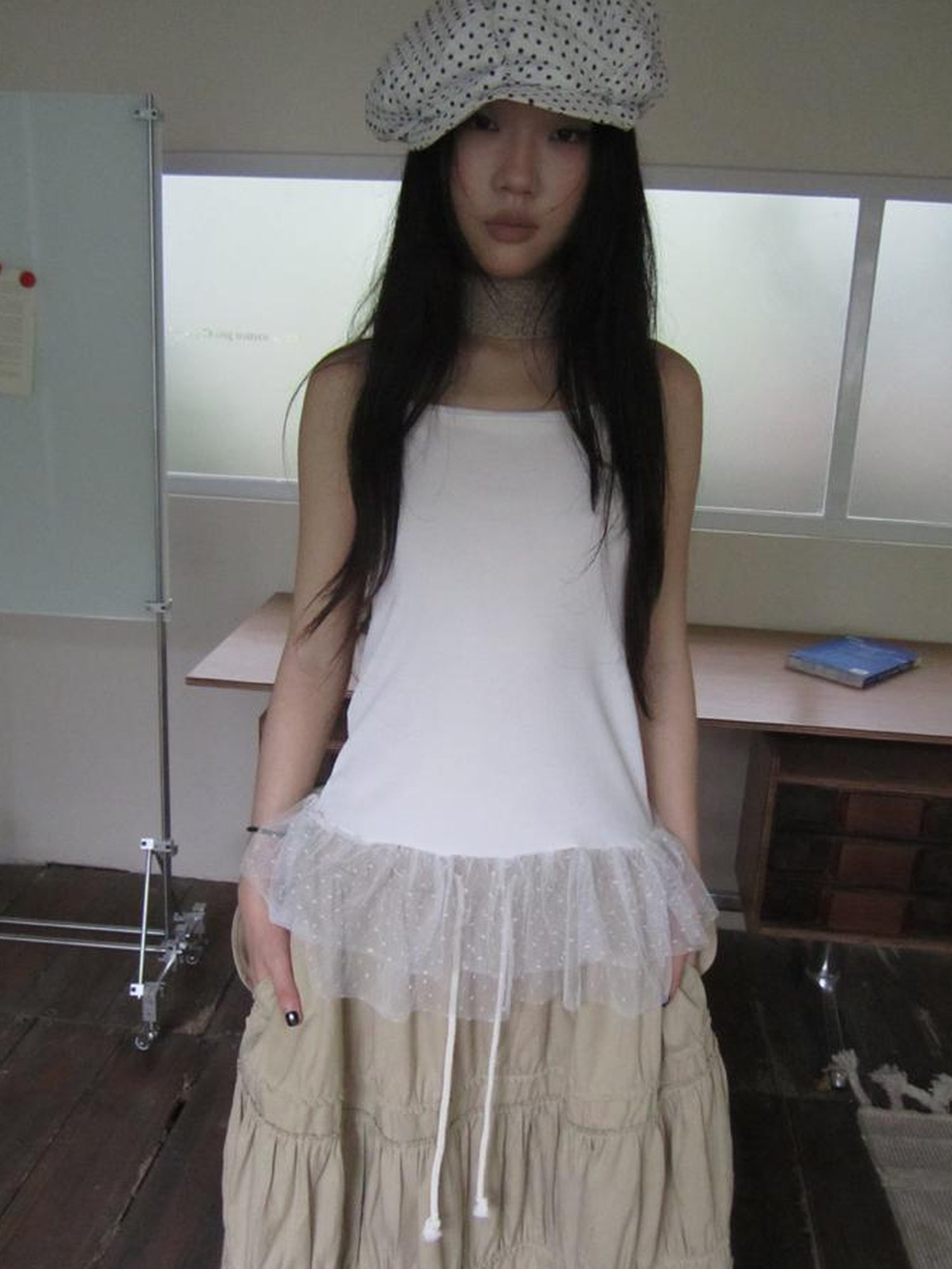 Updateang project Summer Layered Dot Mesh Spliced Cami Top
