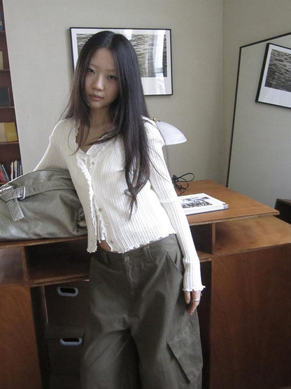 ang project Summer Lightweight Lace Trim V-Neck Knit Cardigan