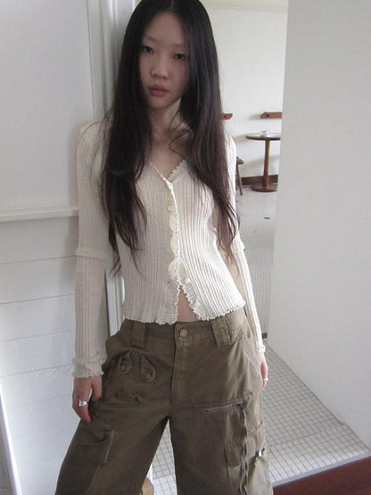 ang project Summer Lightweight Lace Trim V-Neck Knit Cardigan