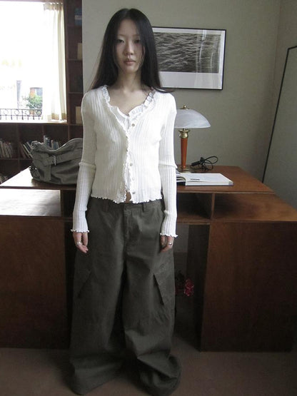 ang project Summer Lightweight Lace Trim V-Neck Knit Cardigan