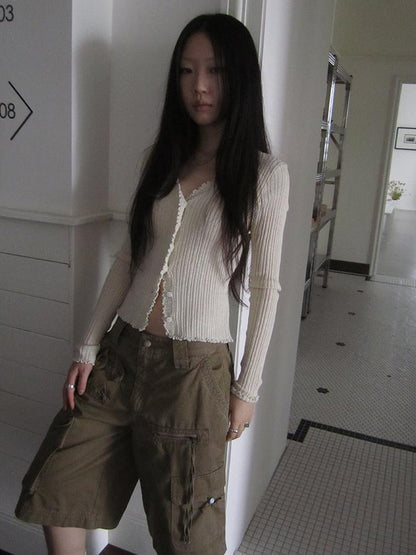ang project Summer Lightweight Lace Trim V-Neck Knit Cardigan