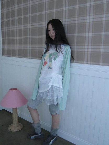 Updateang project Summer Loose Butterfly Print Striped Raglan Tee