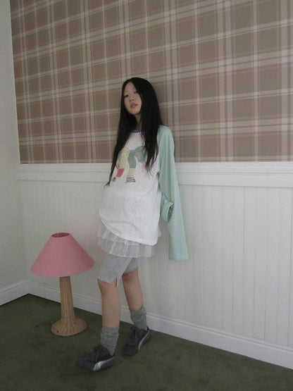 Updateang project Summer Loose Butterfly Print Striped Raglan Tee