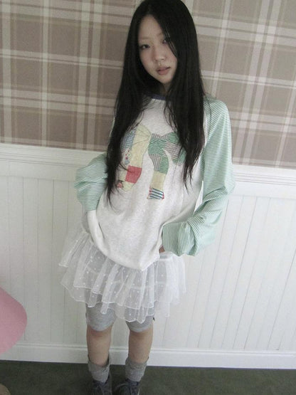 Updateang project Summer Loose Butterfly Print Striped Raglan Tee