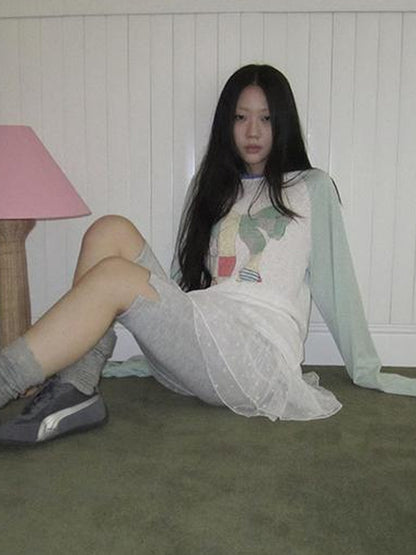 Updateang project Summer Loose Butterfly Print Striped Raglan Tee