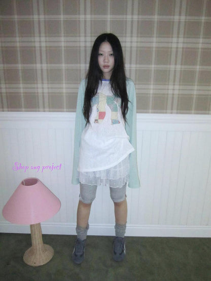 Updateang project Summer Loose Butterfly Print Striped Raglan Tee