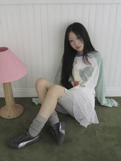 Updateang project Summer Loose Butterfly Print Striped Raglan Tee