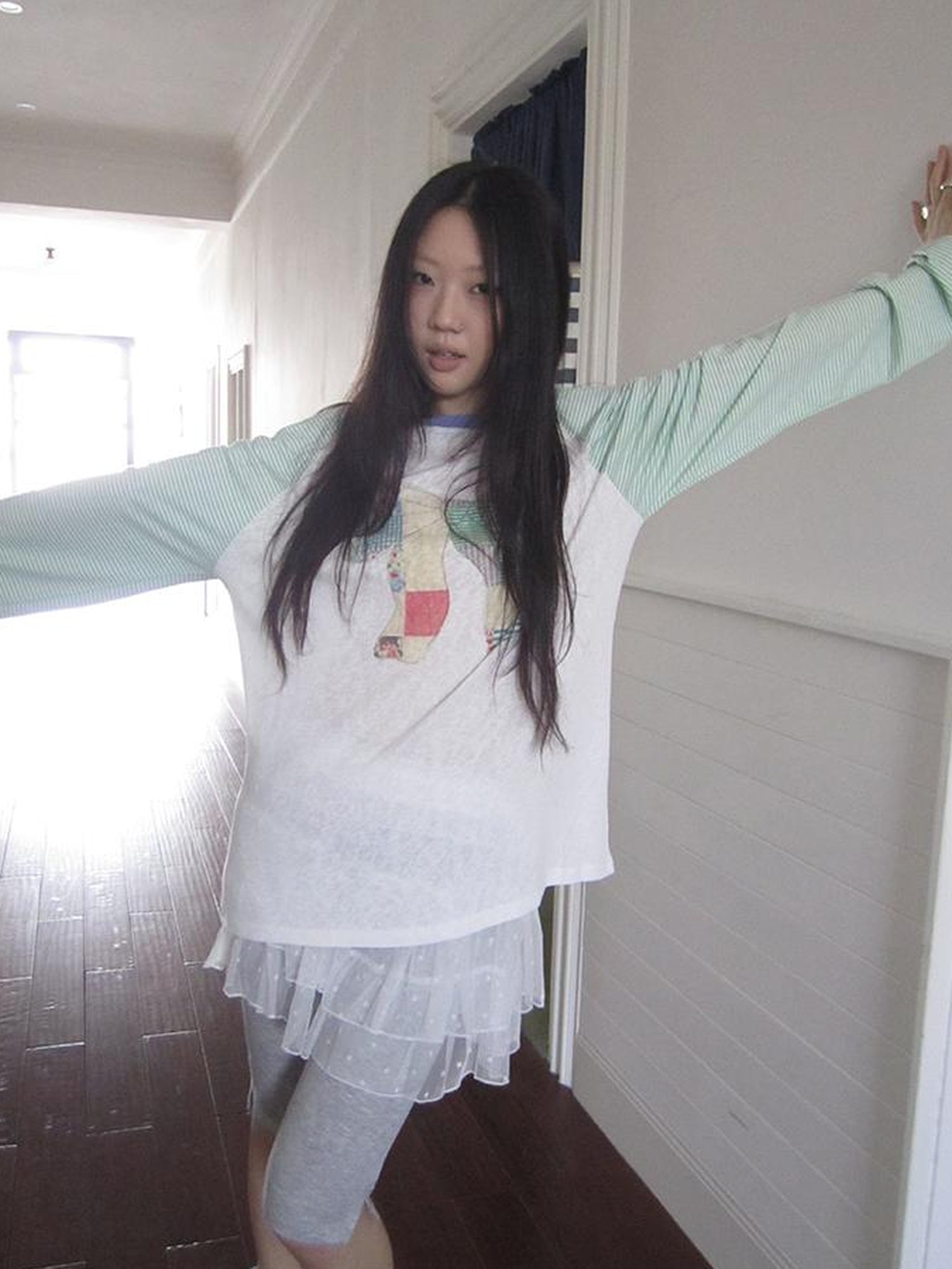 Updateang project Summer Loose Butterfly Print Striped Raglan Tee
