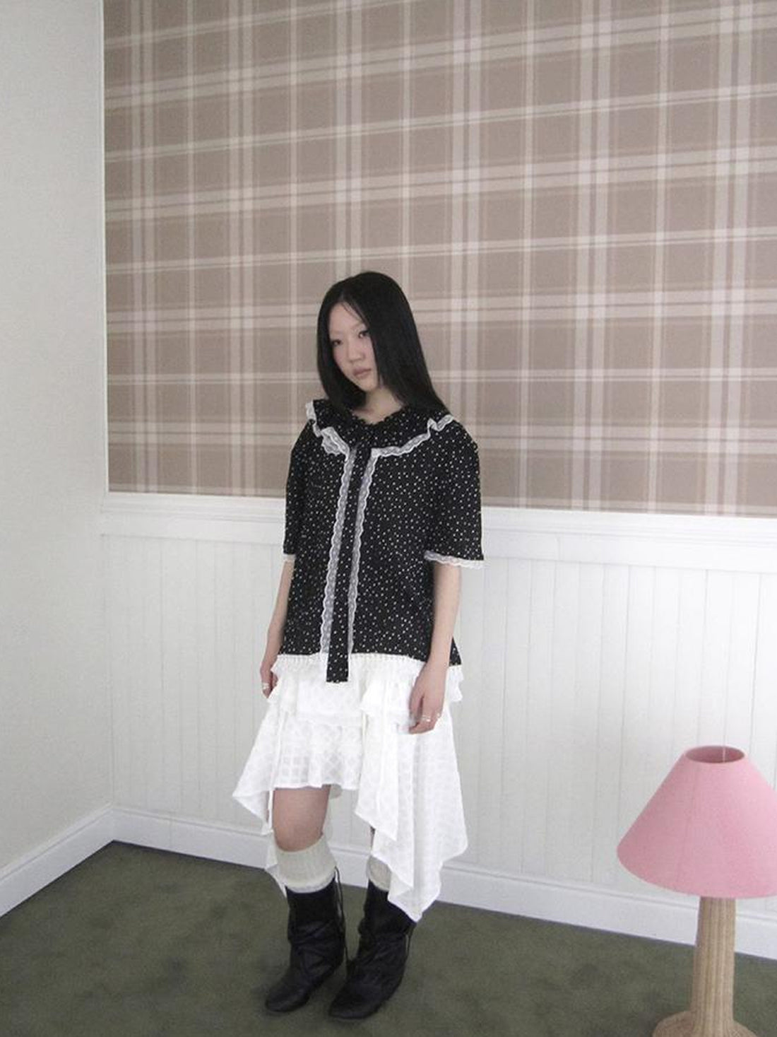 ang project Summer Polka Dot Print Loose Lace Trim Button Short Sleeve Shirt