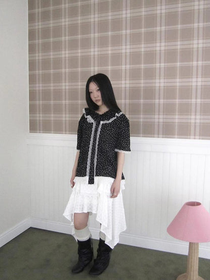 Summer Polka Dot Print Loose Lace Trim Button Short Sleeve Shirt