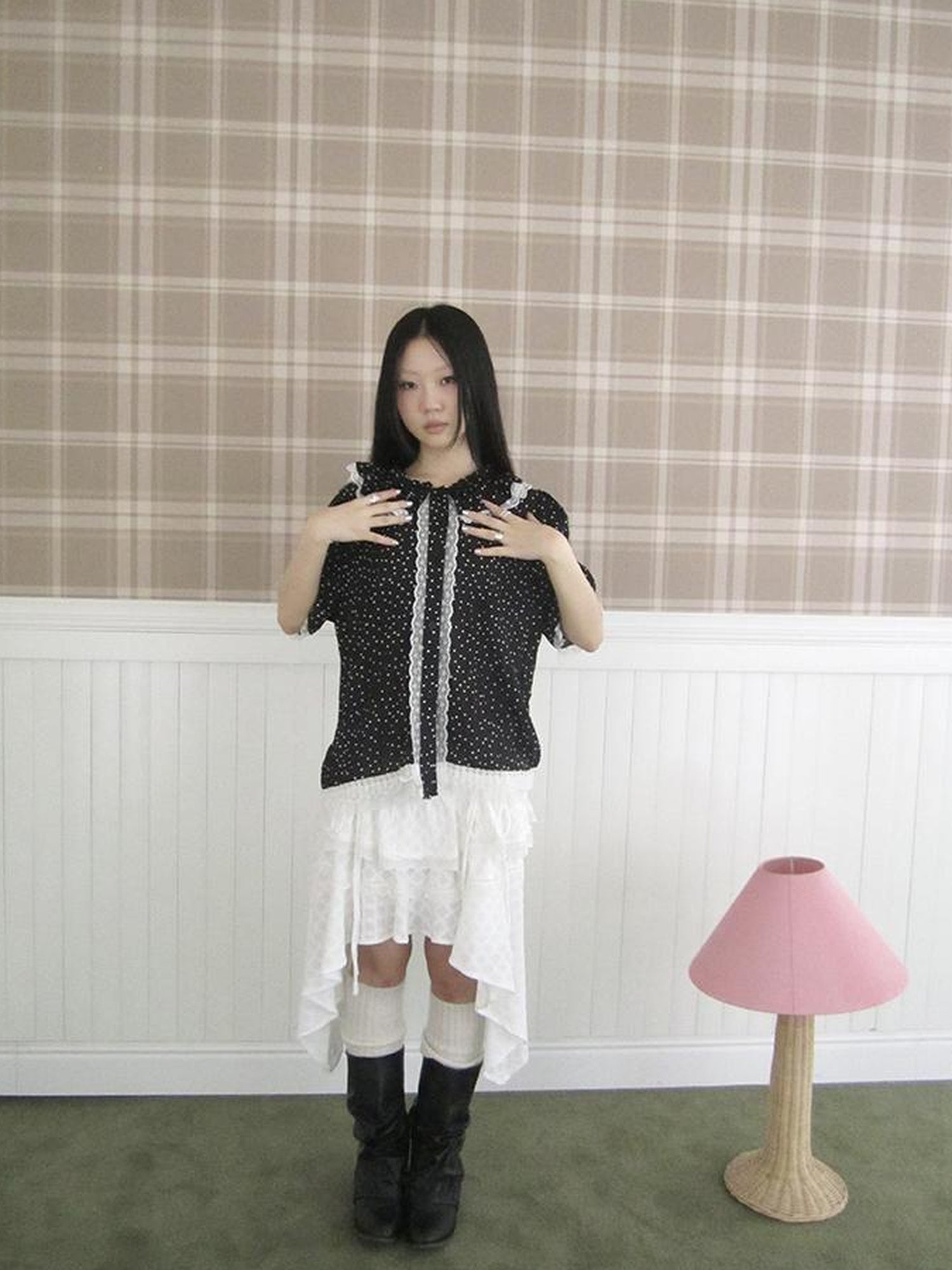 ang project Summer Polka Dot Print Loose Lace Trim Button Short Sleeve Shirt