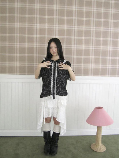 Summer Polka Dot Print Loose Lace Trim Button Short Sleeve Shirt