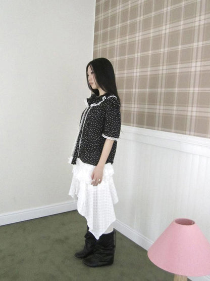 Summer Polka Dot Print Loose Lace Trim Button Short Sleeve Shirt