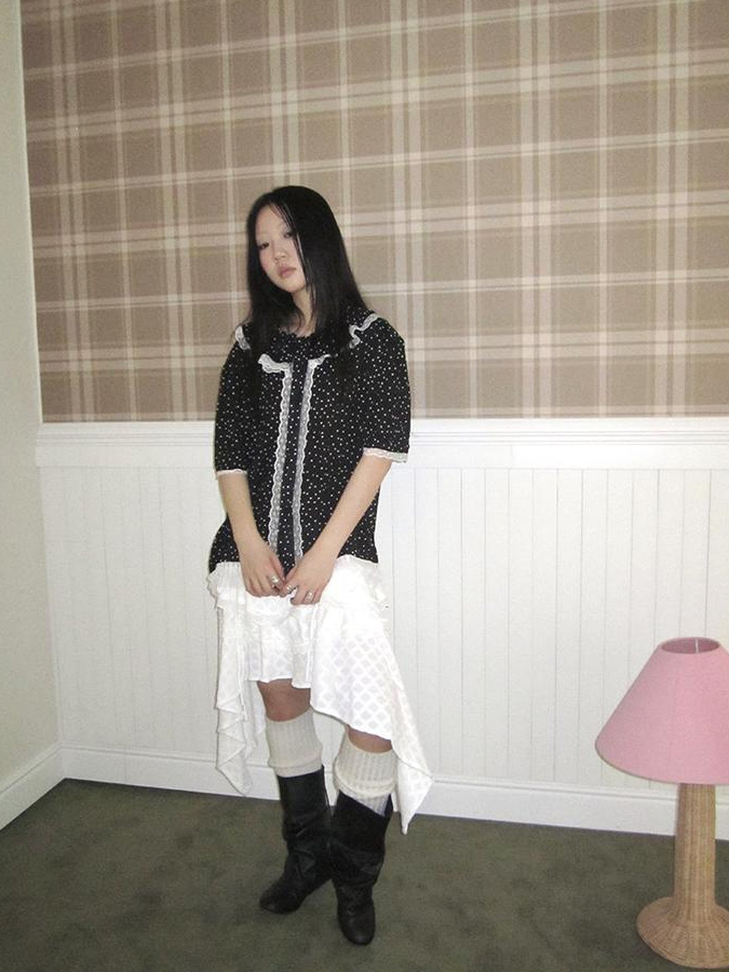 ang project Summer Polka Dot Print Loose Lace Trim Button Short Sleeve Shirt