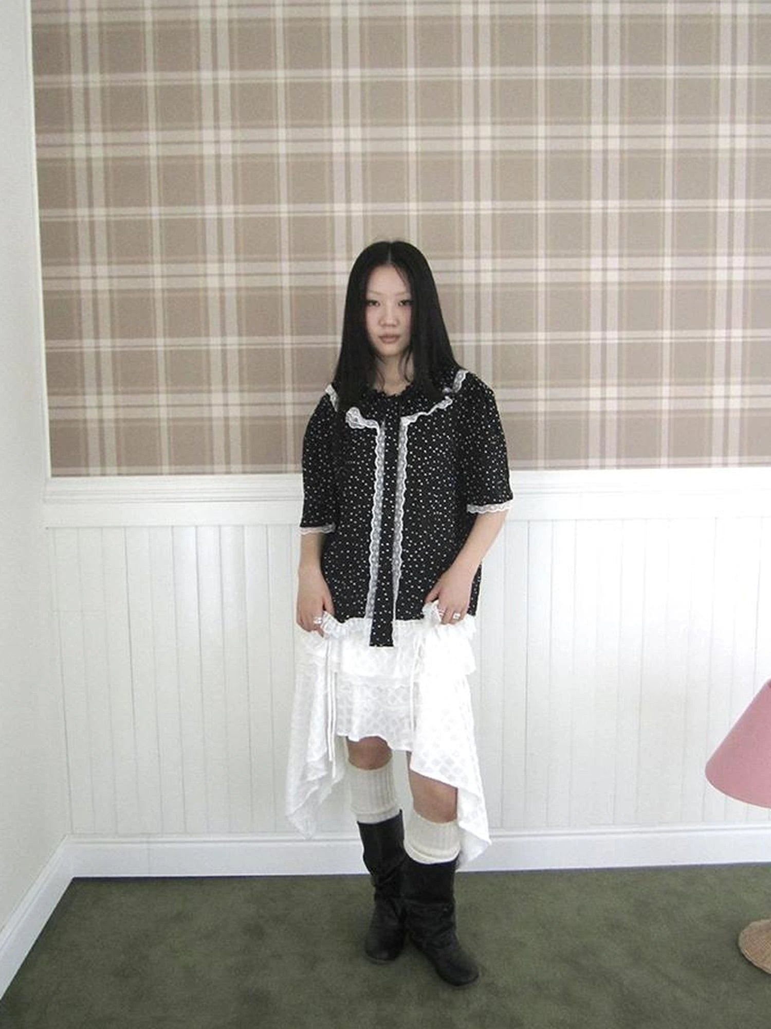 Summer Polka Dot Print Loose Lace Trim Button Short Sleeve Shirt