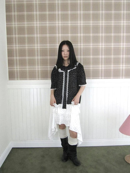 Summer Polka Dot Print Loose Lace Trim Button Short Sleeve Shirt