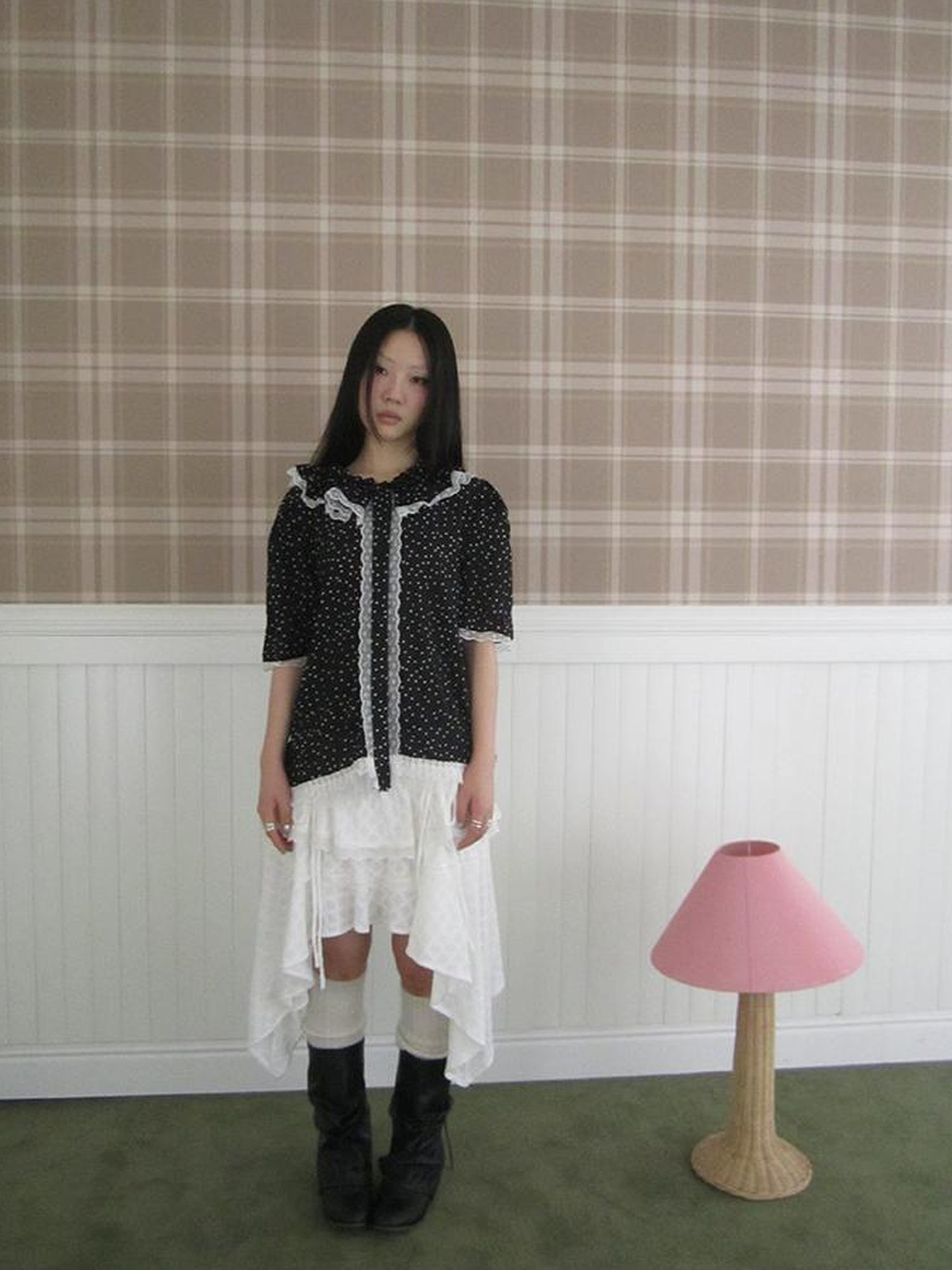 ang project Summer Polka Dot Print Loose Lace Trim Button Short Sleeve Shirt