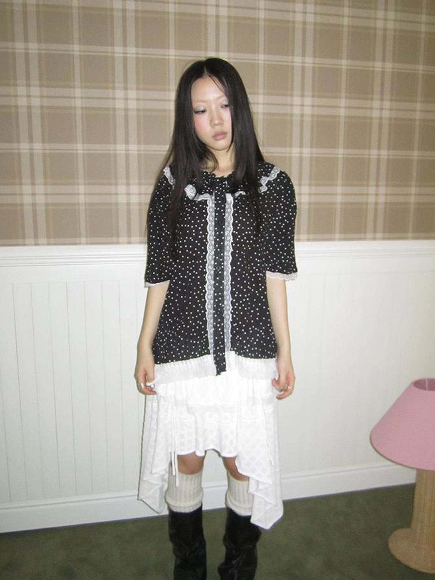 Summer Polka Dot Print Loose Lace Trim Button Short Sleeve Shirt
