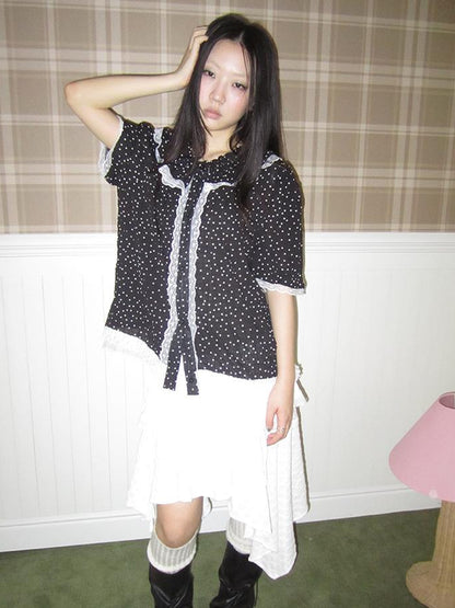ang project Summer Polka Dot Print Loose Lace Trim Button Short Sleeve Shirt