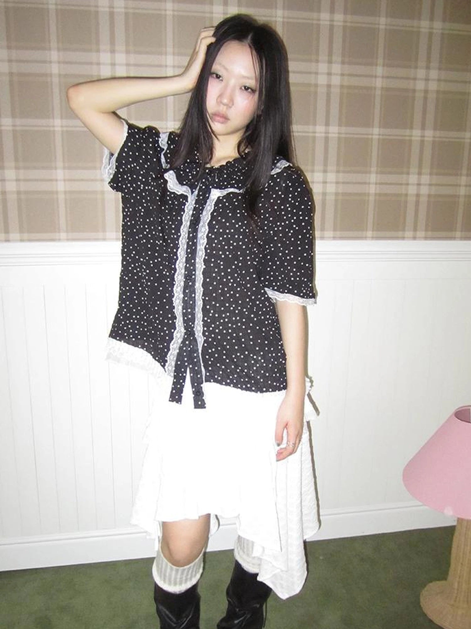 Summer Polka Dot Print Loose Lace Trim Button Short Sleeve Shirt