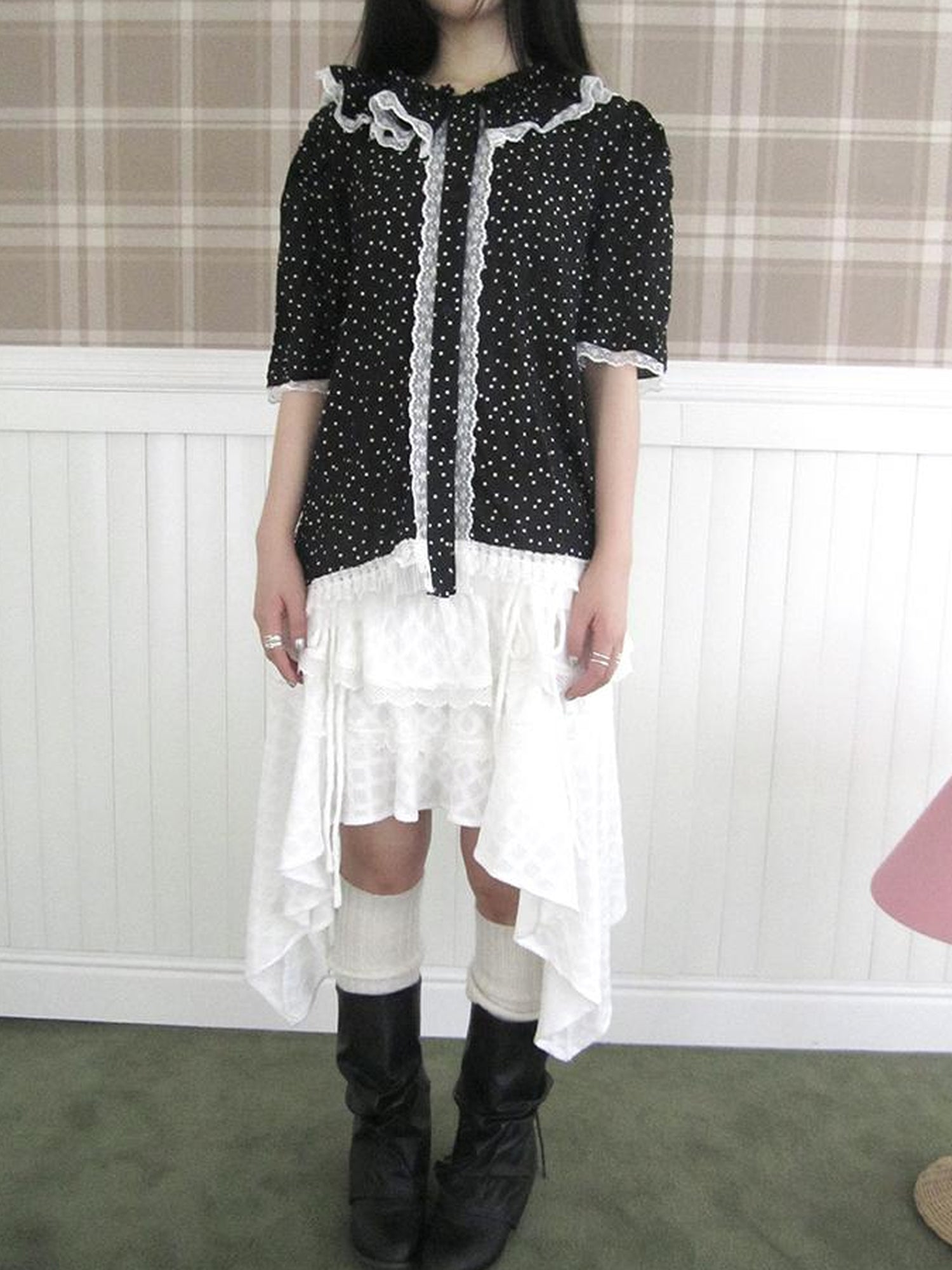 ang project Summer Polka Dot Print Loose Lace Trim Button Short Sleeve Shirt