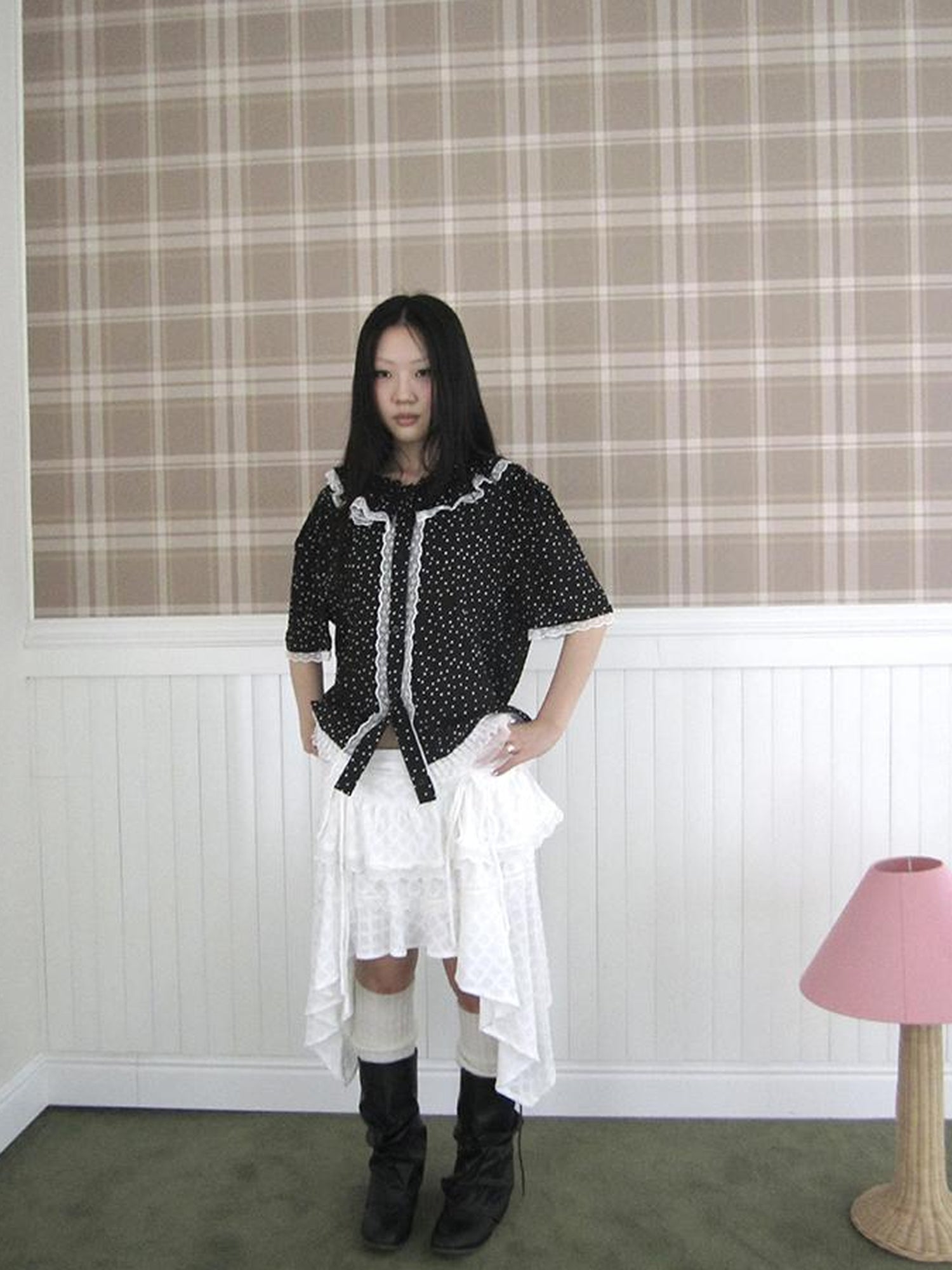 ang project Summer Polka Dot Print Loose Lace Trim Button Short Sleeve Shirt