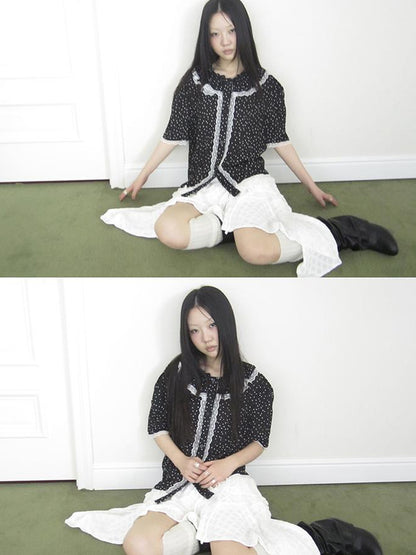 ang project Summer Polka Dot Print Loose Lace Trim Button Short Sleeve Shirt