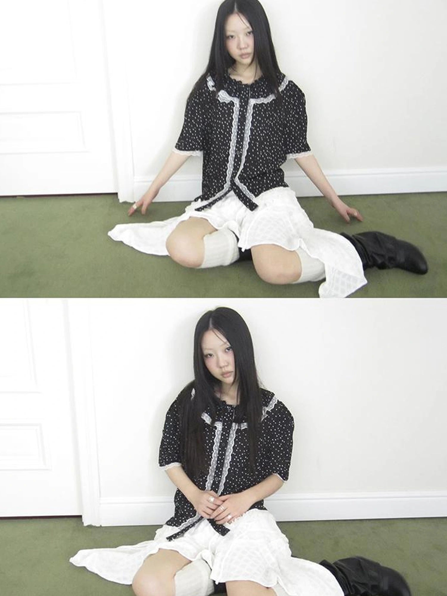 Summer Polka Dot Print Loose Lace Trim Button Short Sleeve Shirt