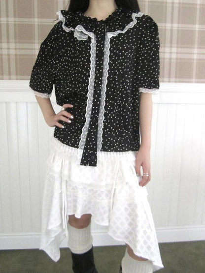 Summer Polka Dot Print Loose Lace Trim Button Short Sleeve Shirt