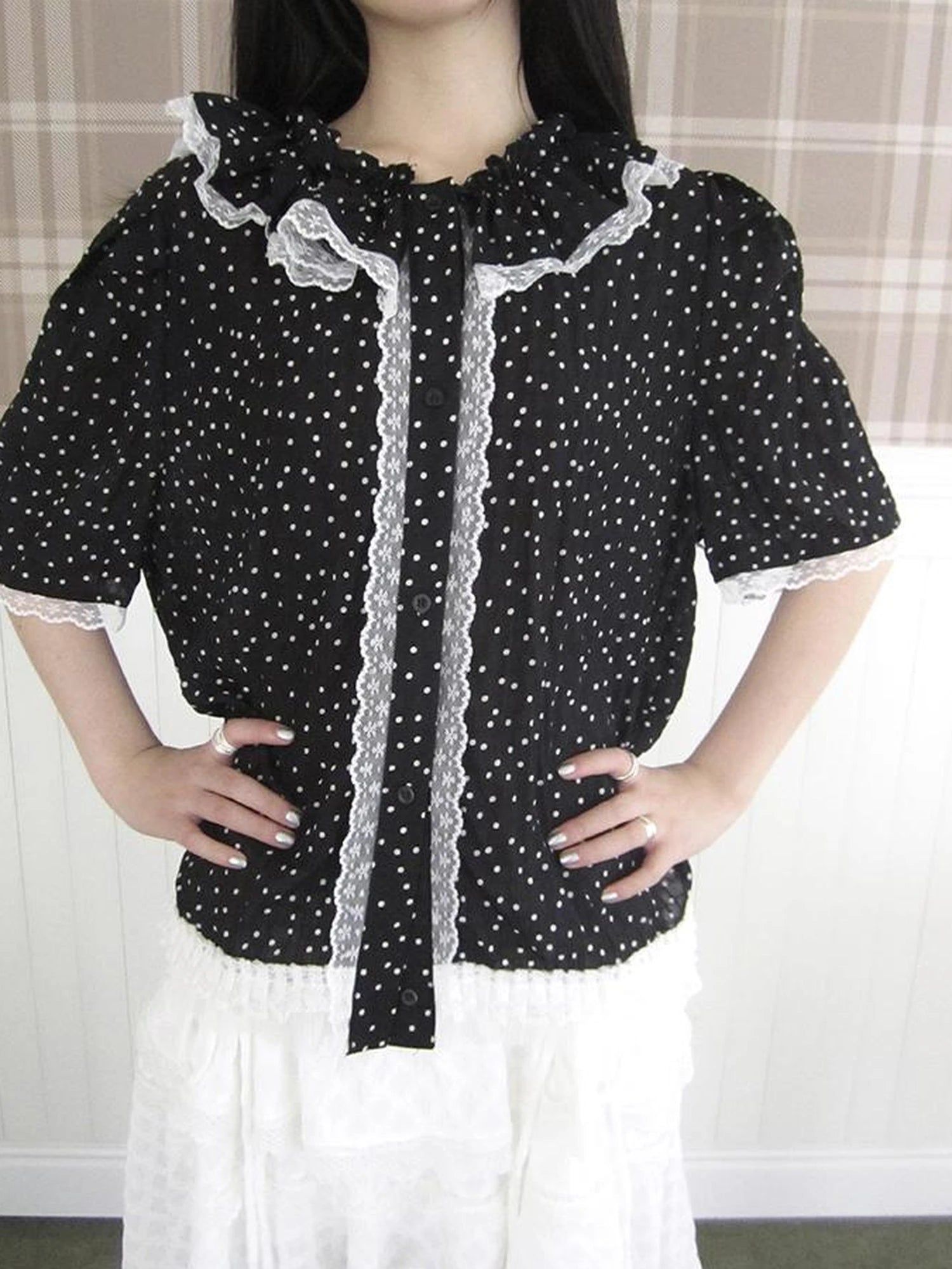 Summer Polka Dot Print Loose Lace Trim Button Short Sleeve Shirt