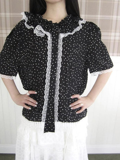 Summer Polka Dot Print Loose Lace Trim Button Short Sleeve Shirt
