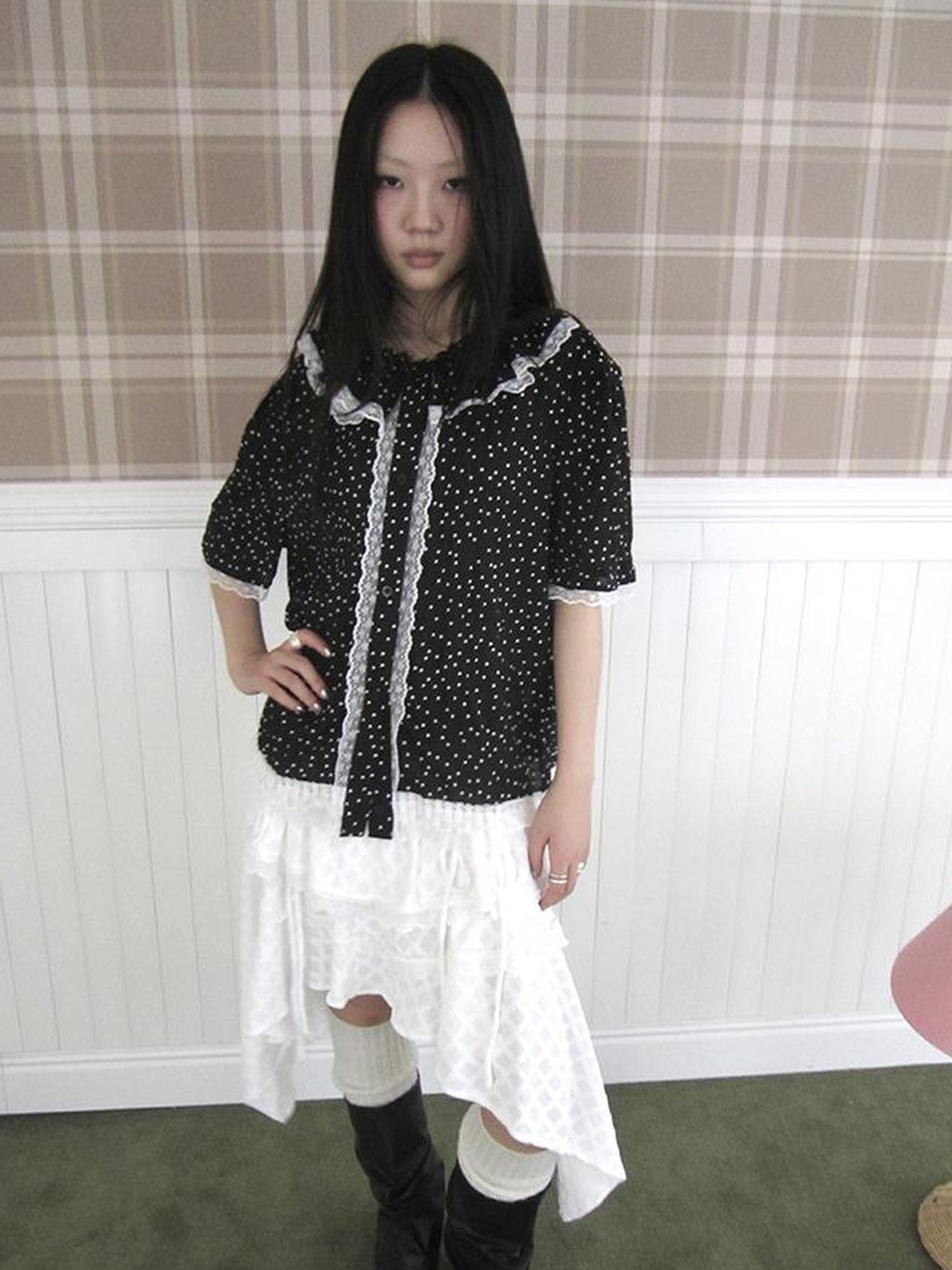 ang project Summer Polka Dot Print Loose Lace Trim Button Short Sleeve Shirt
