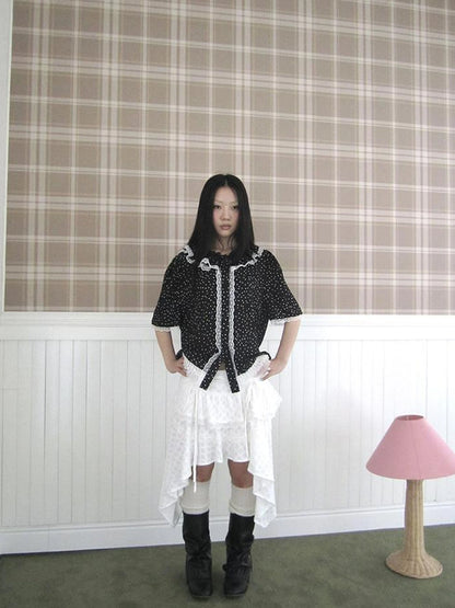 Summer Polka Dot Print Loose Lace Trim Button Short Sleeve Shirt