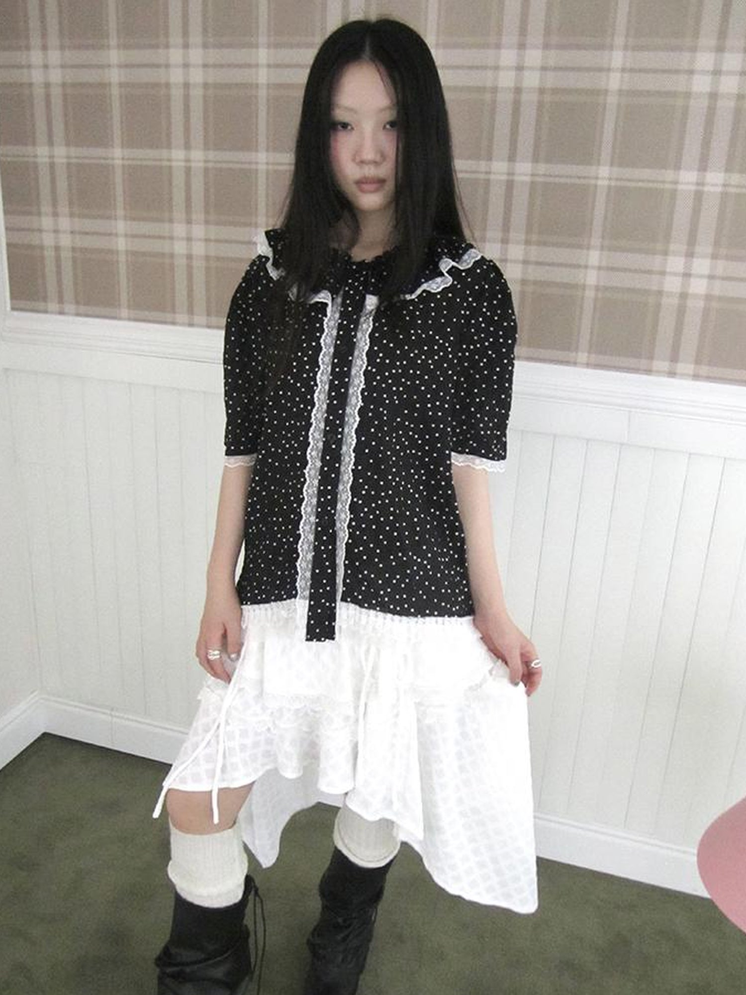 ang project Summer Polka Dot Print Loose Lace Trim Button Short Sleeve Shirt