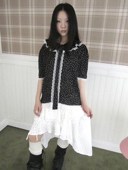 Summer Polka Dot Print Loose Lace Trim Button Short Sleeve Shirt