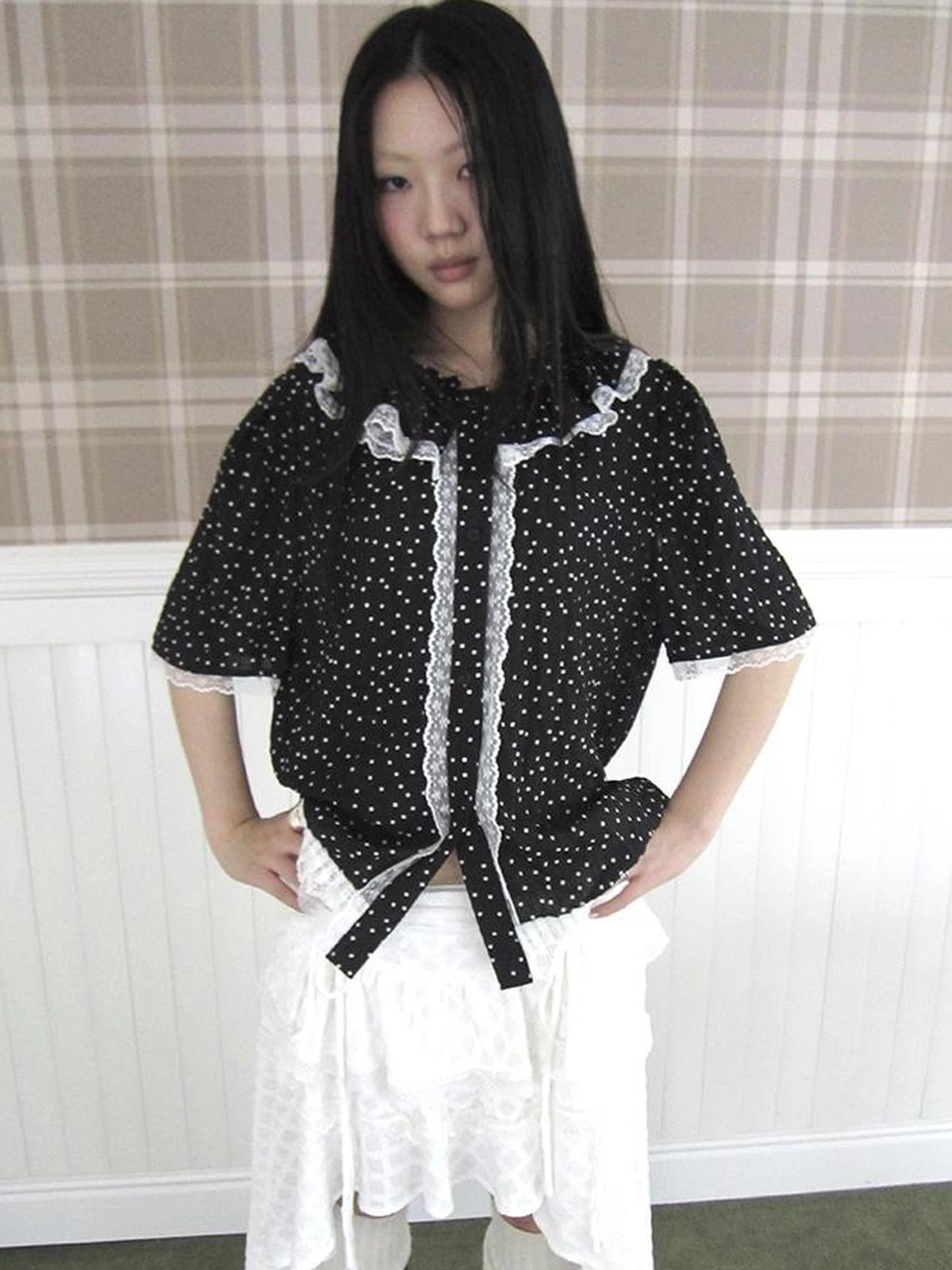 Summer Polka Dot Print Loose Lace Trim Button Short Sleeve Shirt
