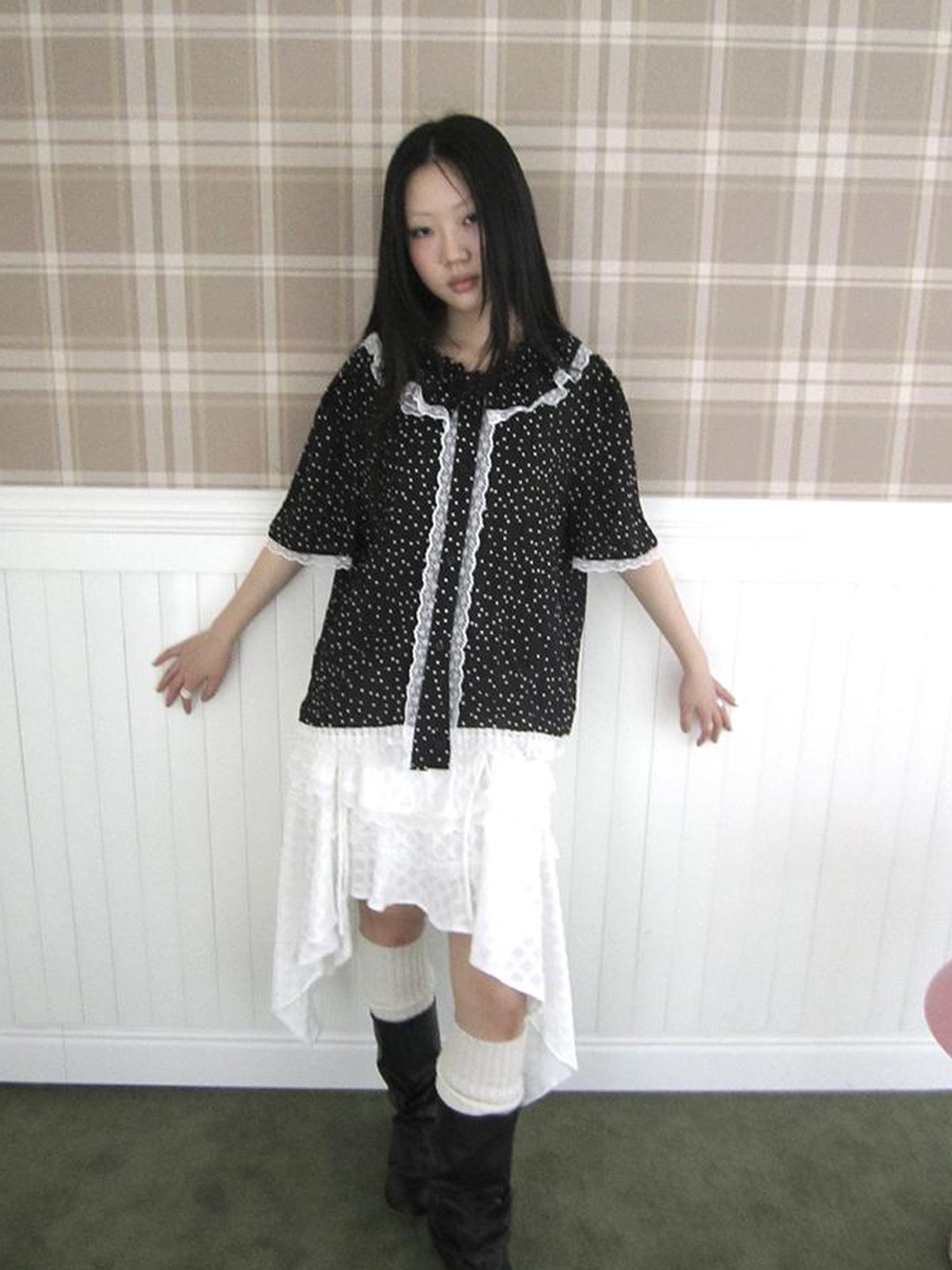 ang project Summer Polka Dot Print Loose Lace Trim Button Short Sleeve Shirt