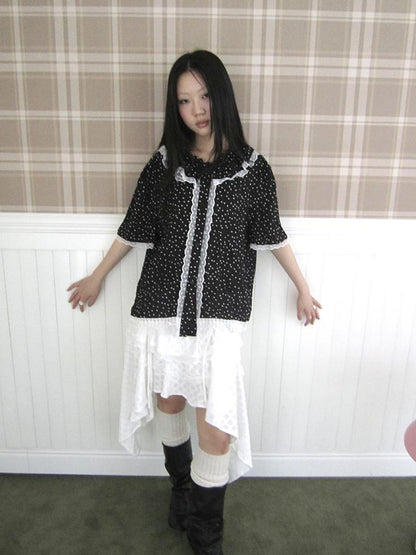 ang project Summer Polka Dot Print Loose Lace Trim Button Short Sleeve Shirt