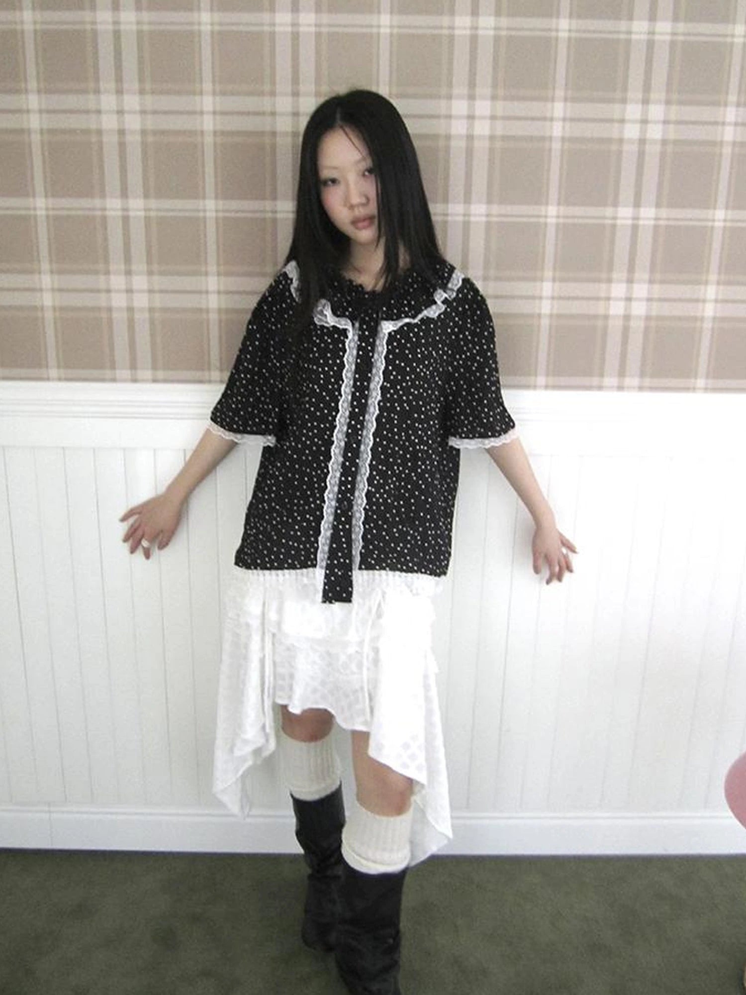 Summer Polka Dot Print Loose Lace Trim Button Short Sleeve Shirt