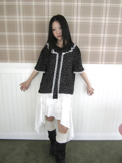Summer Polka Dot Print Loose Lace Trim Button Short Sleeve Shirt