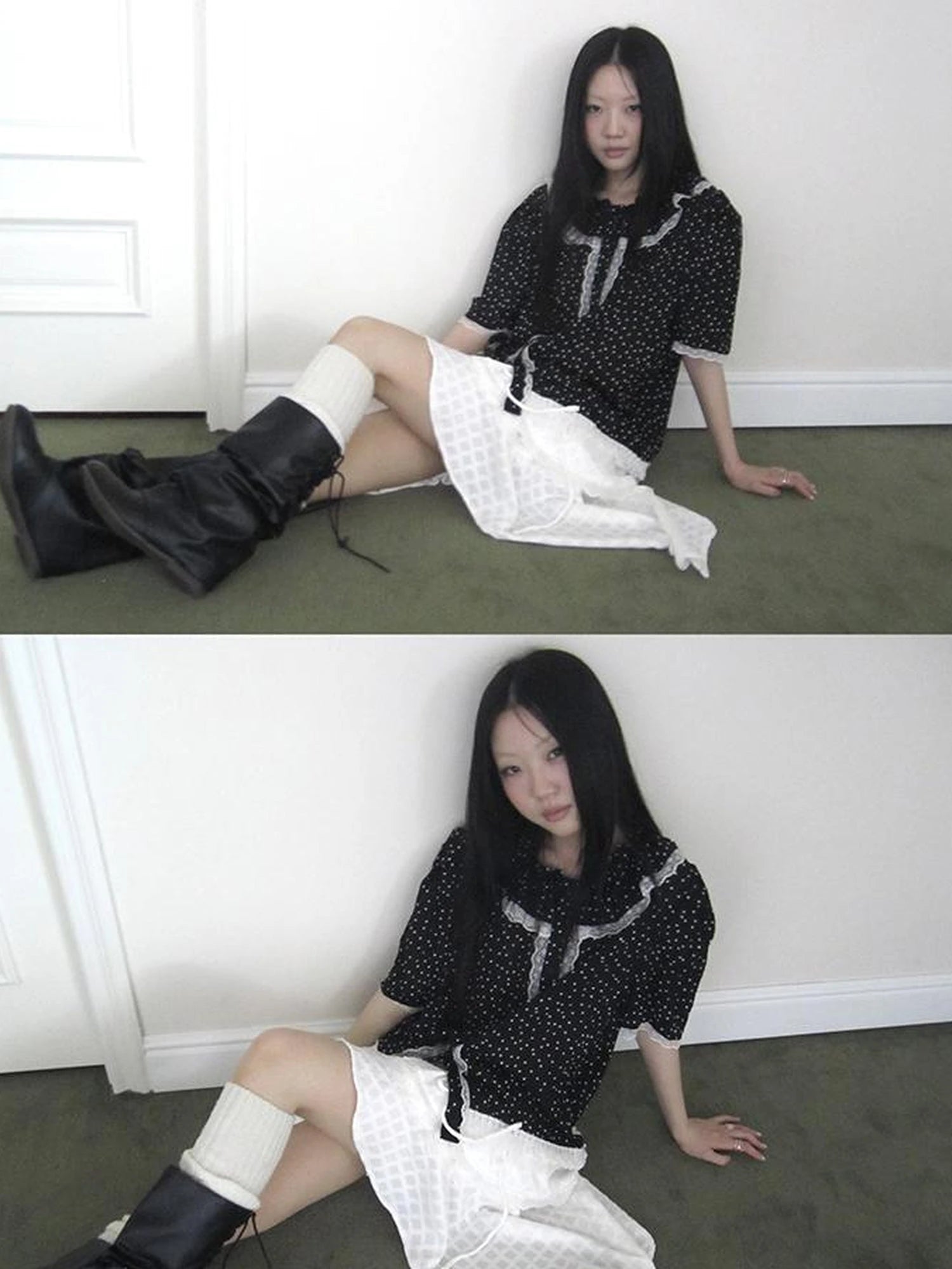 Summer Polka Dot Print Loose Lace Trim Button Short Sleeve Shirt