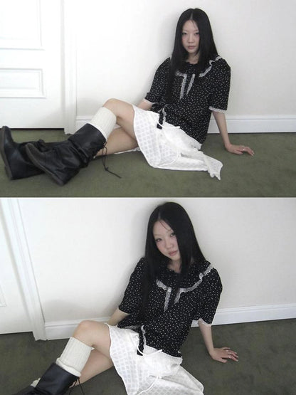 Summer Polka Dot Print Loose Lace Trim Button Short Sleeve Shirt