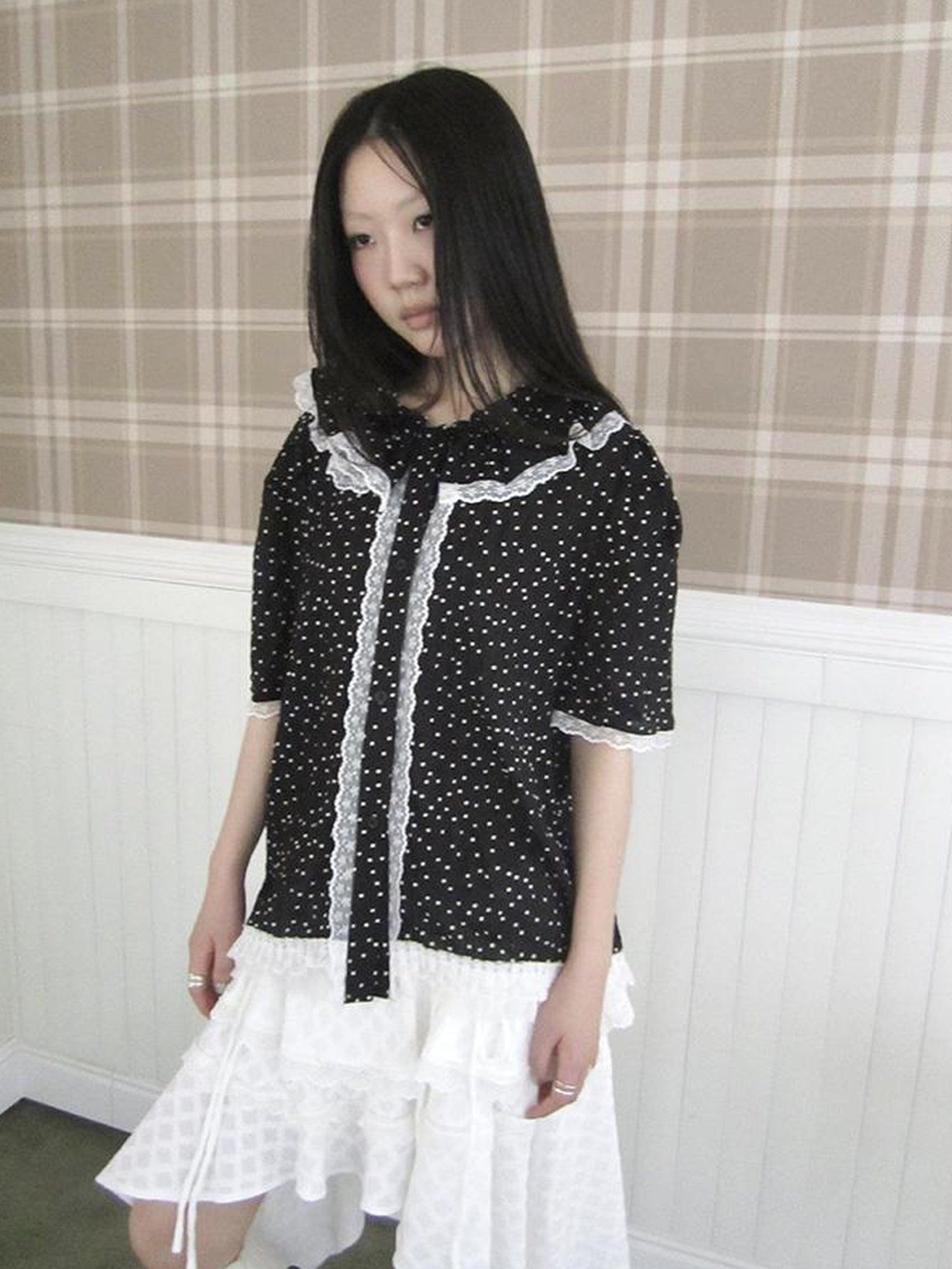 ang project Summer Polka Dot Print Loose Lace Trim Button Short Sleeve Shirt