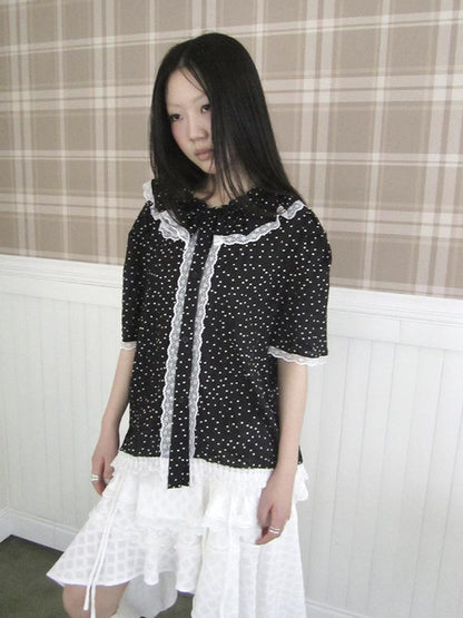 ang project Summer Polka Dot Print Loose Lace Trim Button Short Sleeve Shirt