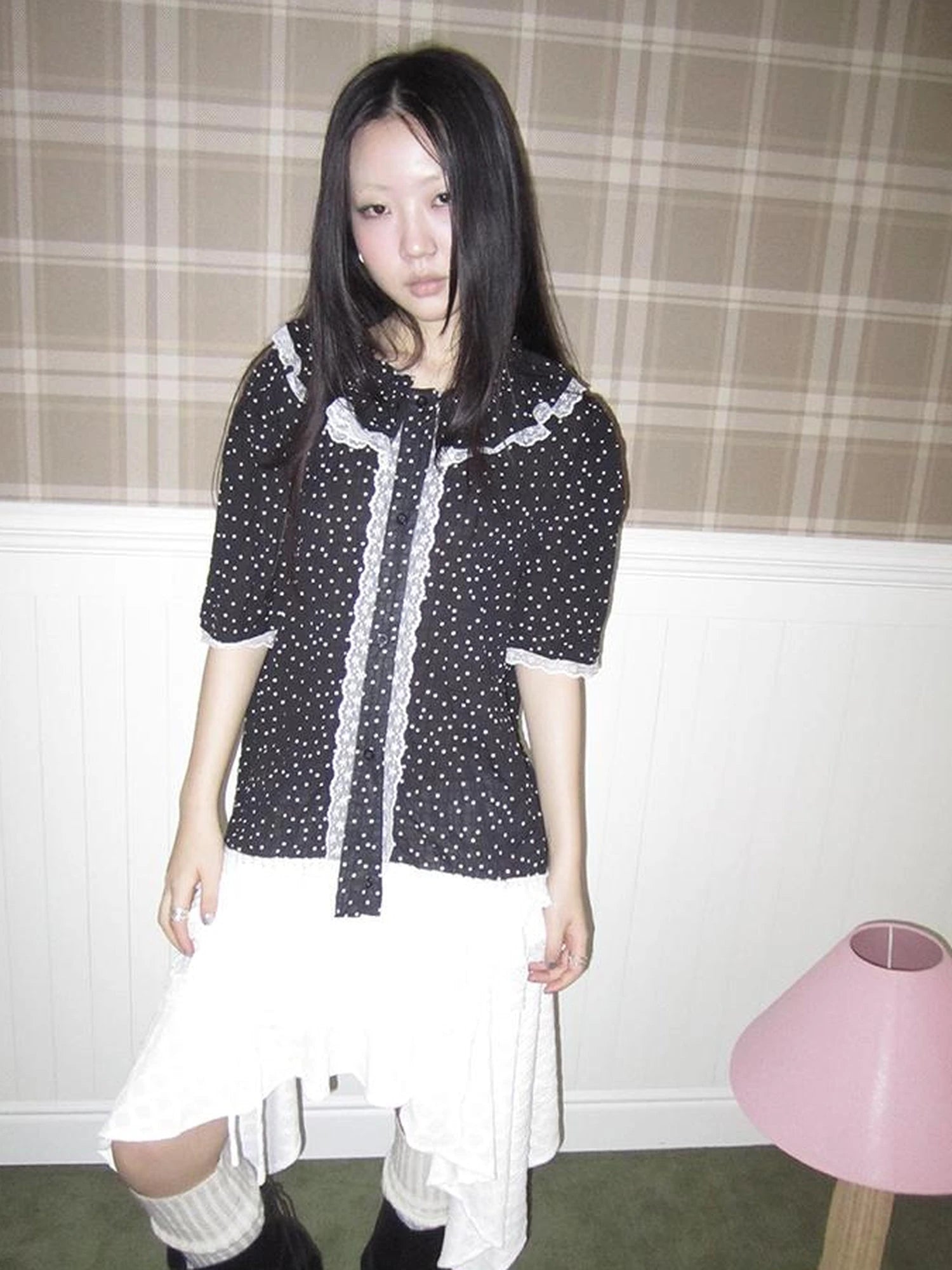 Summer Polka Dot Print Loose Lace Trim Button Short Sleeve Shirt