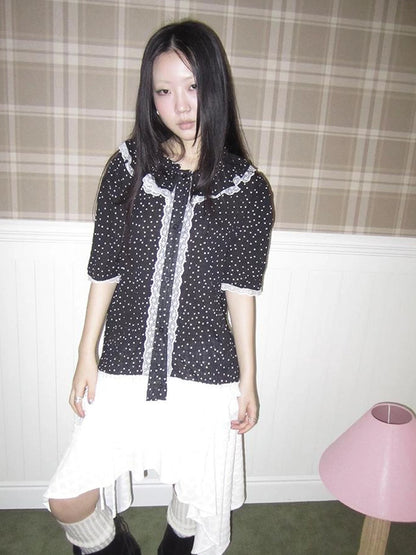 Summer Polka Dot Print Loose Lace Trim Button Short Sleeve Shirt