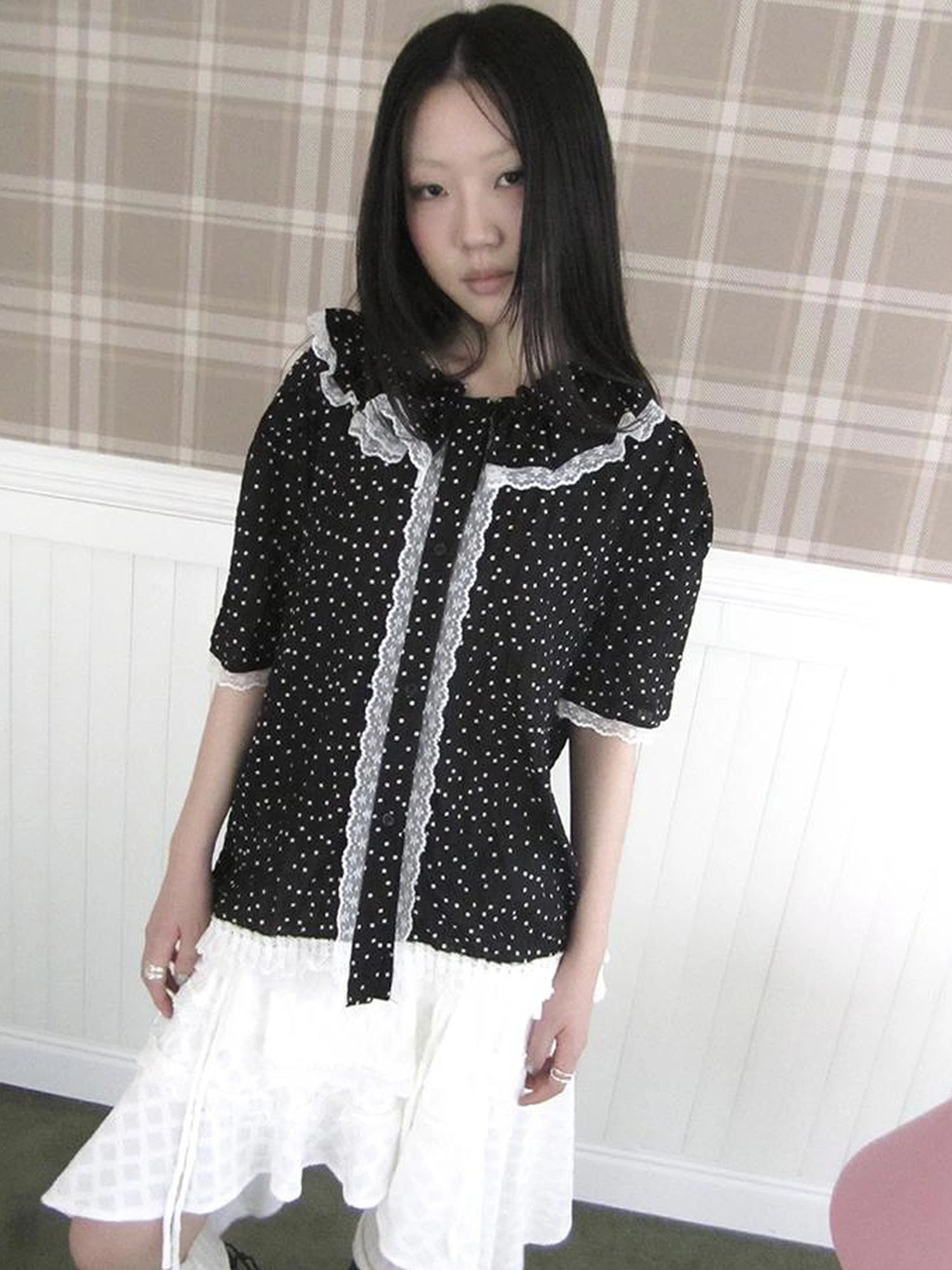 Summer Polka Dot Print Loose Lace Trim Button Short Sleeve Shirt