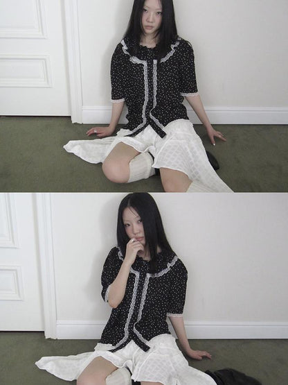 ang project Summer Polka Dot Print Loose Lace Trim Button Short Sleeve Shirt